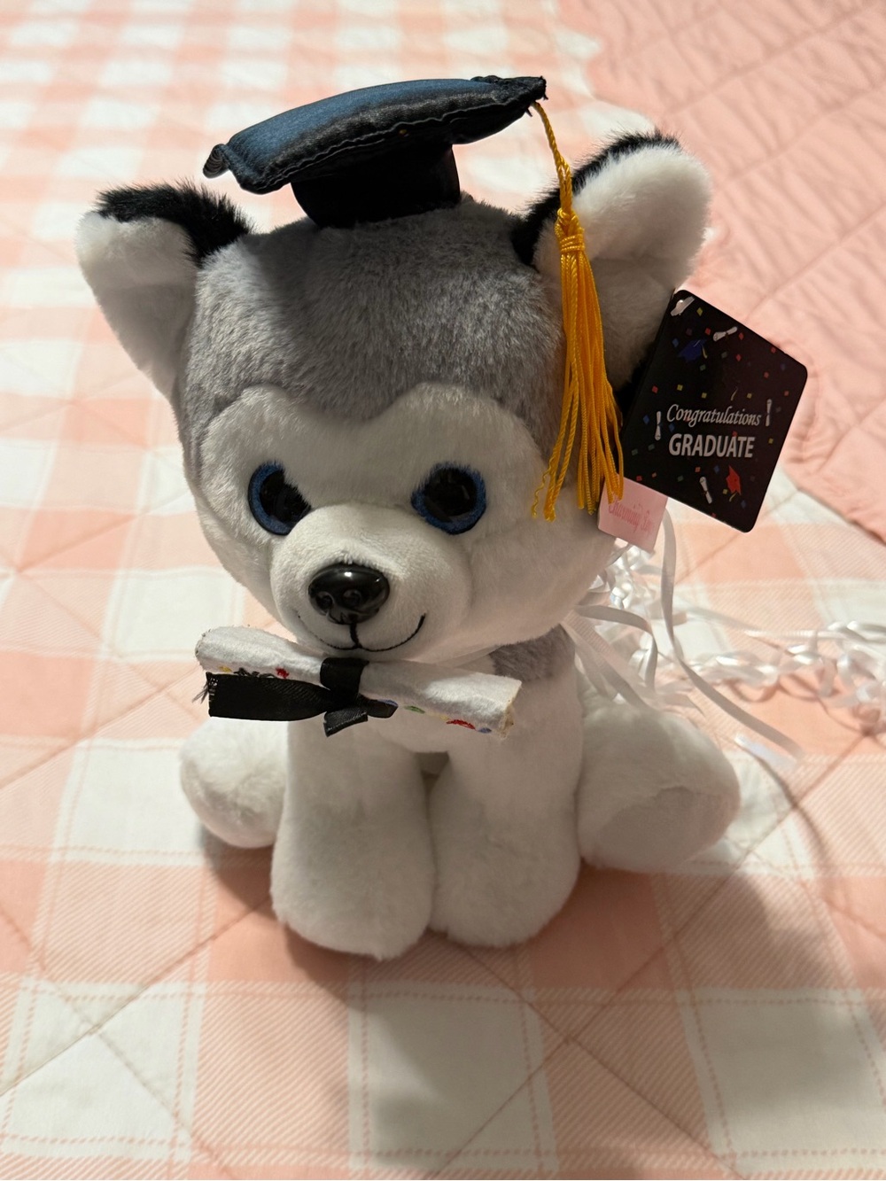 Graduation Plush Husky Dog in Gray and White with Cap and Tassel